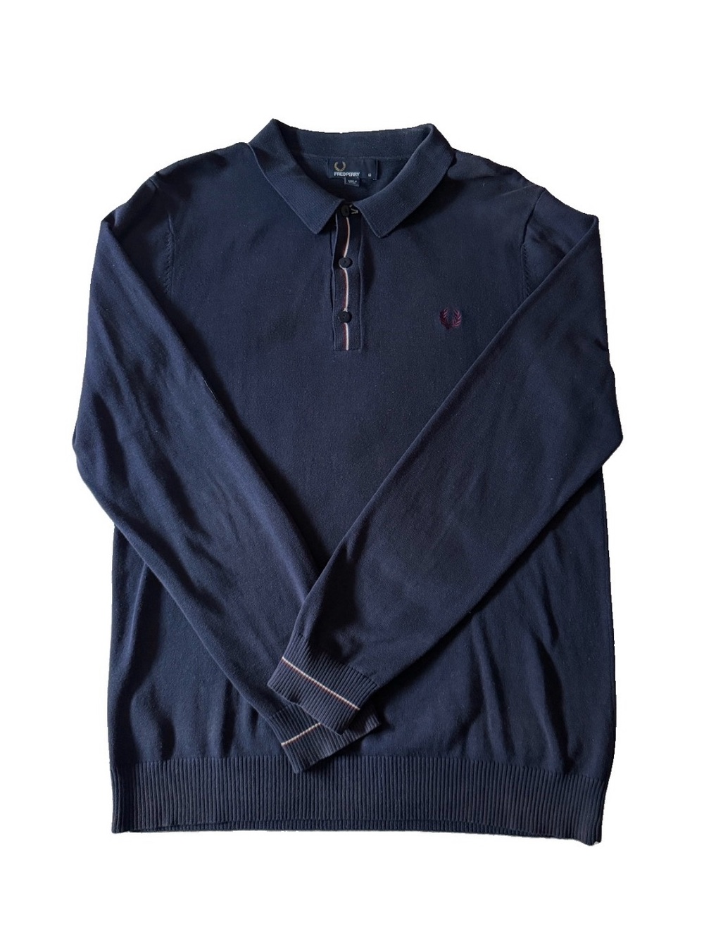 Fred Perry Men’s Long Sleeve Polo Sweater with Iconic Stripe Trim in Navy
